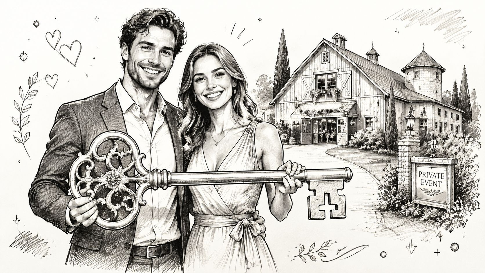 A happy couple holding a large ornate decorative key in front of a rustic wedding venue