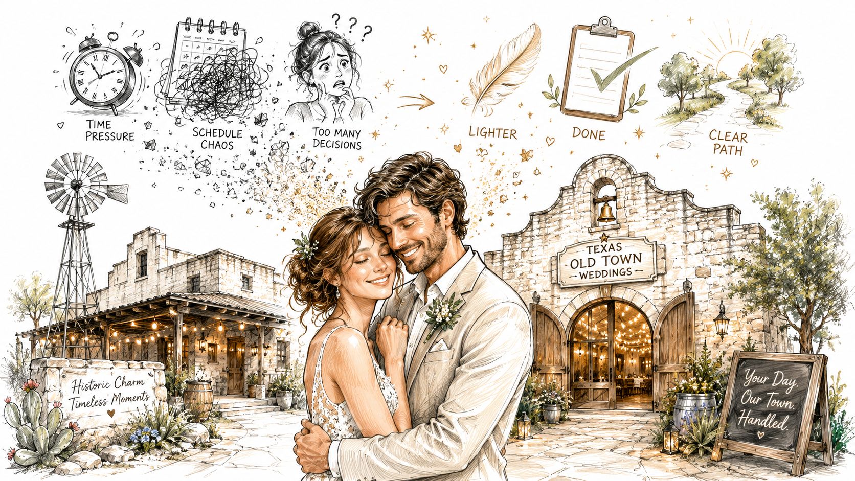 An artistic illustration depicting the transformation of wedding planning stress into a peaceful, organized Texas venue experience.