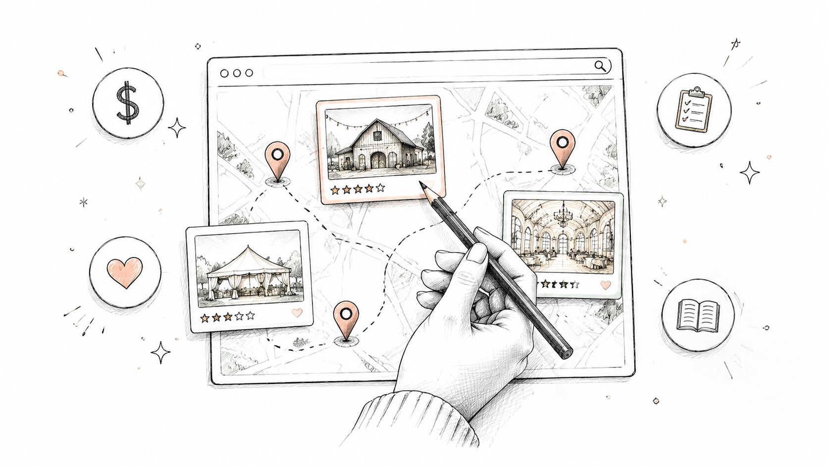 A hand using a pencil to connect wedding venue locations on an interactive digital map interface.