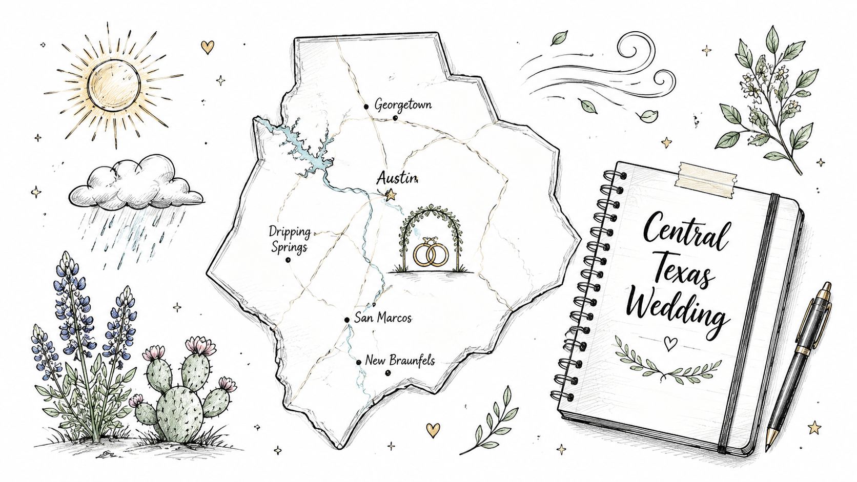 An illustrated map of Central Texas with wedding motifs and a notebook labeled Central Texas Wedding.