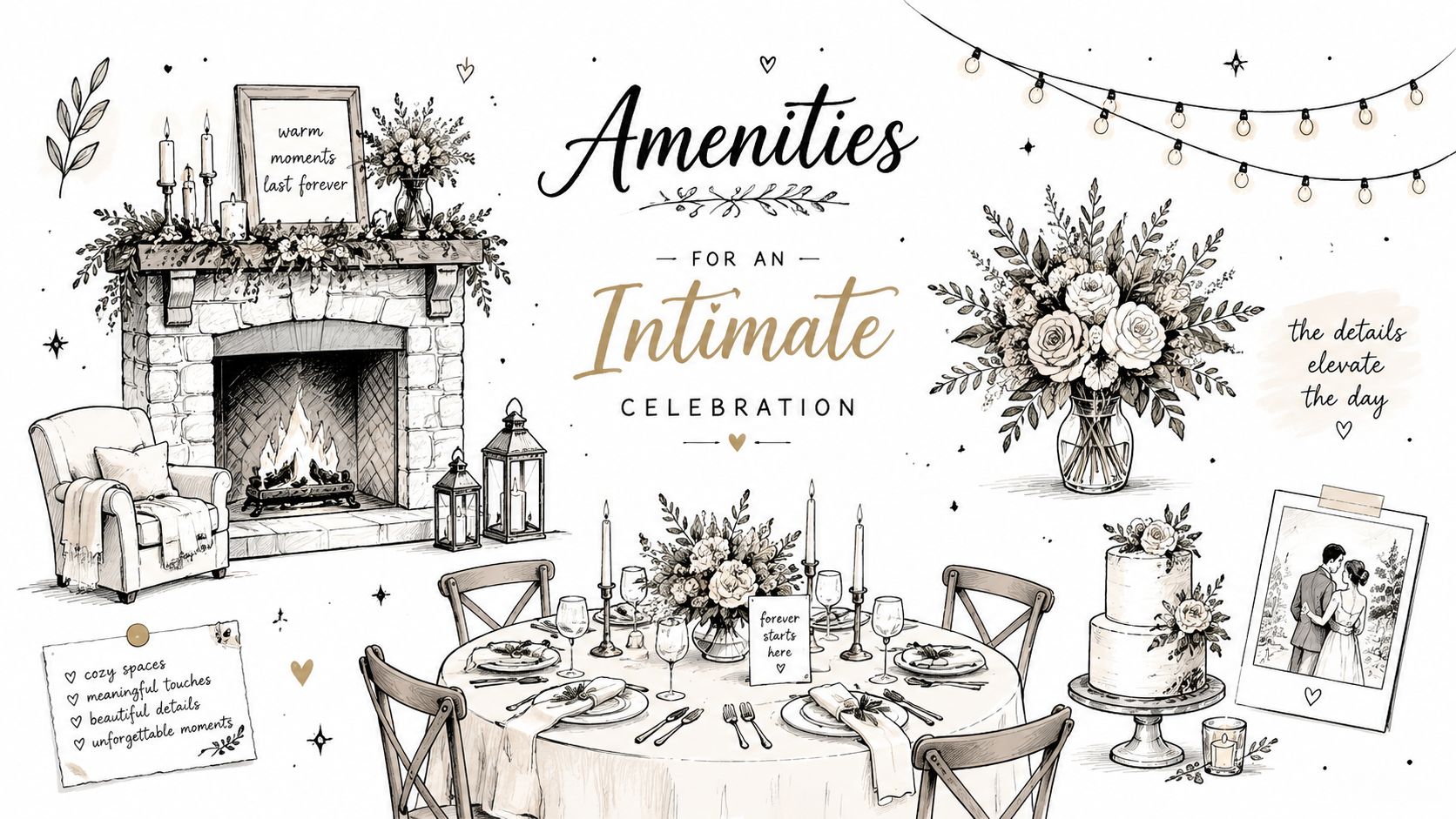 A hand-drawn illustration depicting amenities for an intimate celebration featuring a fireplace, dinner table, and floral arrangements.