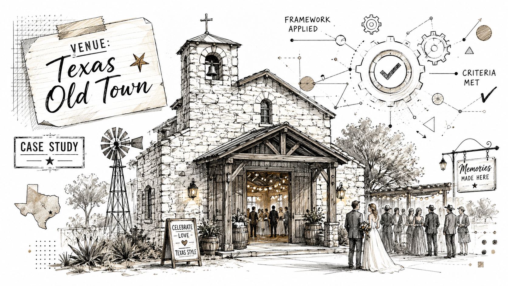 A detailed artistic illustration of the Texas Old Town wedding venue featuring a stone chapel and guests.