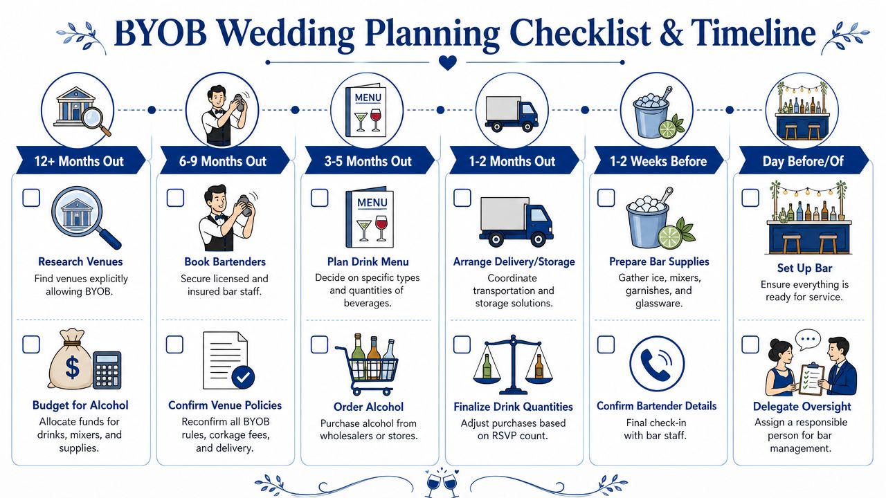 An infographic checklist outlining a timeline for planning and managing BYOB drinks for a wedding.