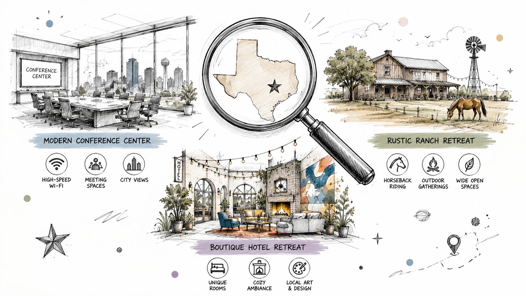 A hand-drawn illustration showing three options for company retreats in Texas, including a conference center, ranch, and hotel.
