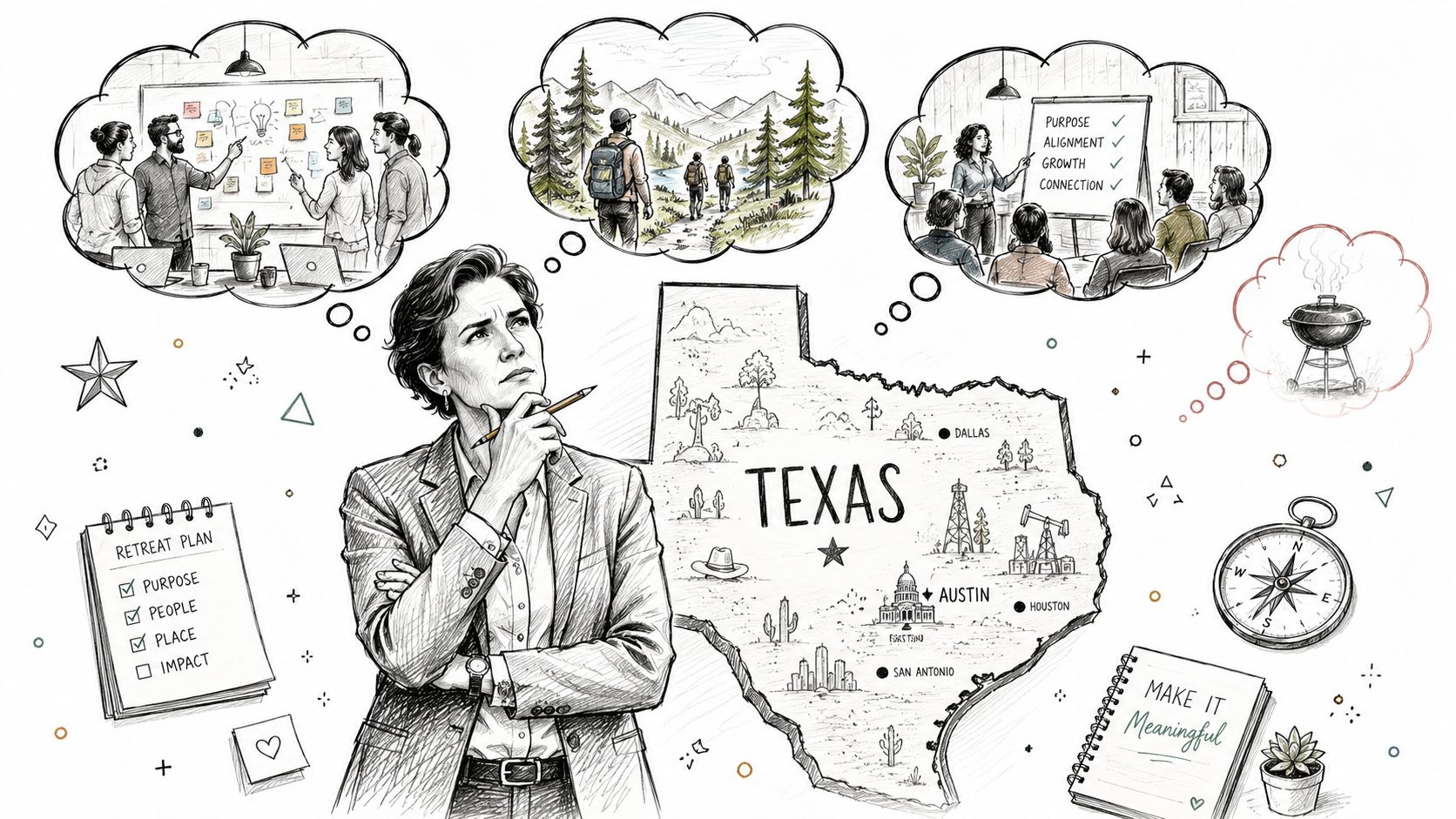 A professional woman planning a company retreat in Texas, visualizing team collaboration, nature, and strategy.