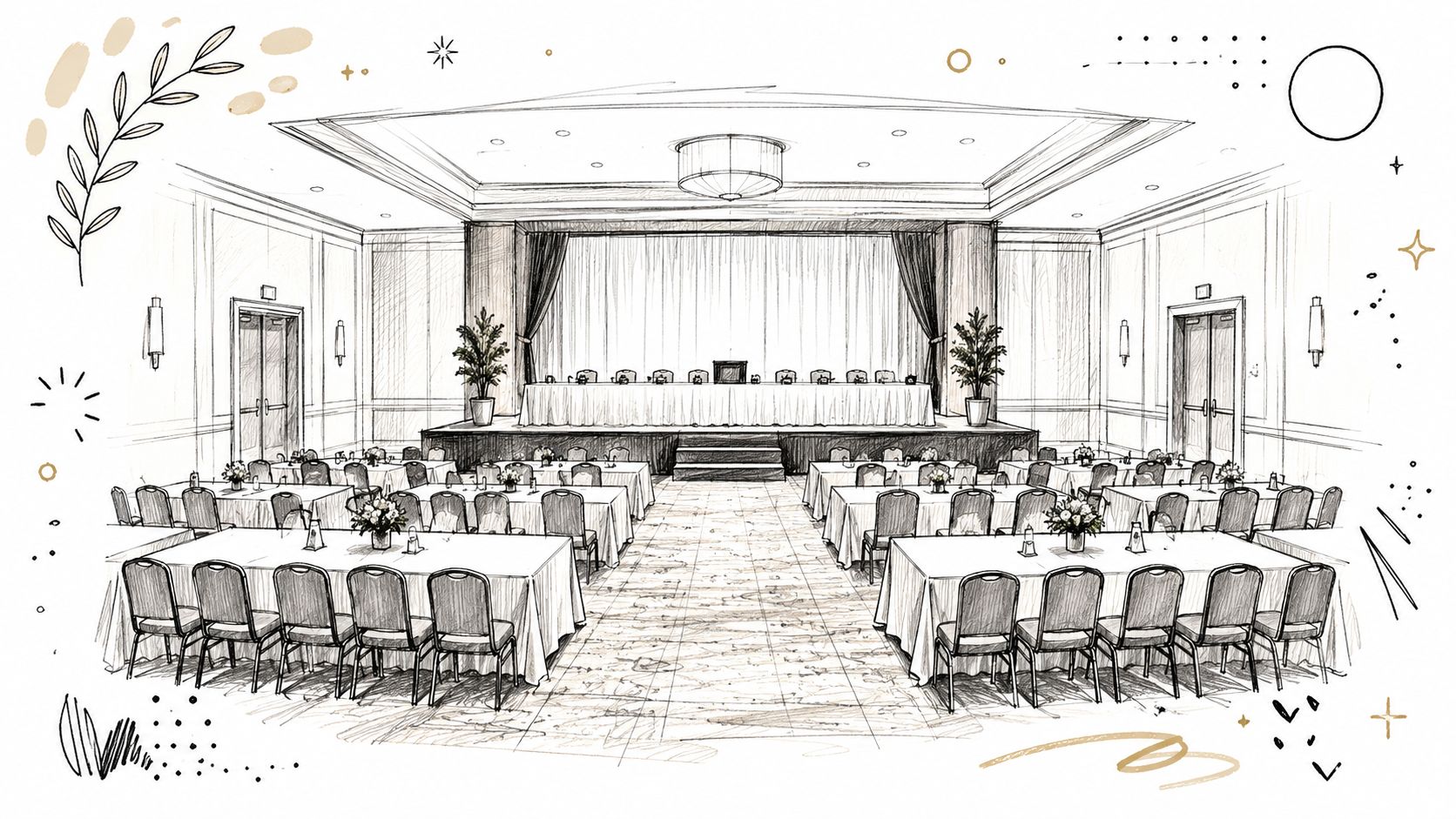 A black and white line drawing of an elegant conference room set up for a professional meeting.
