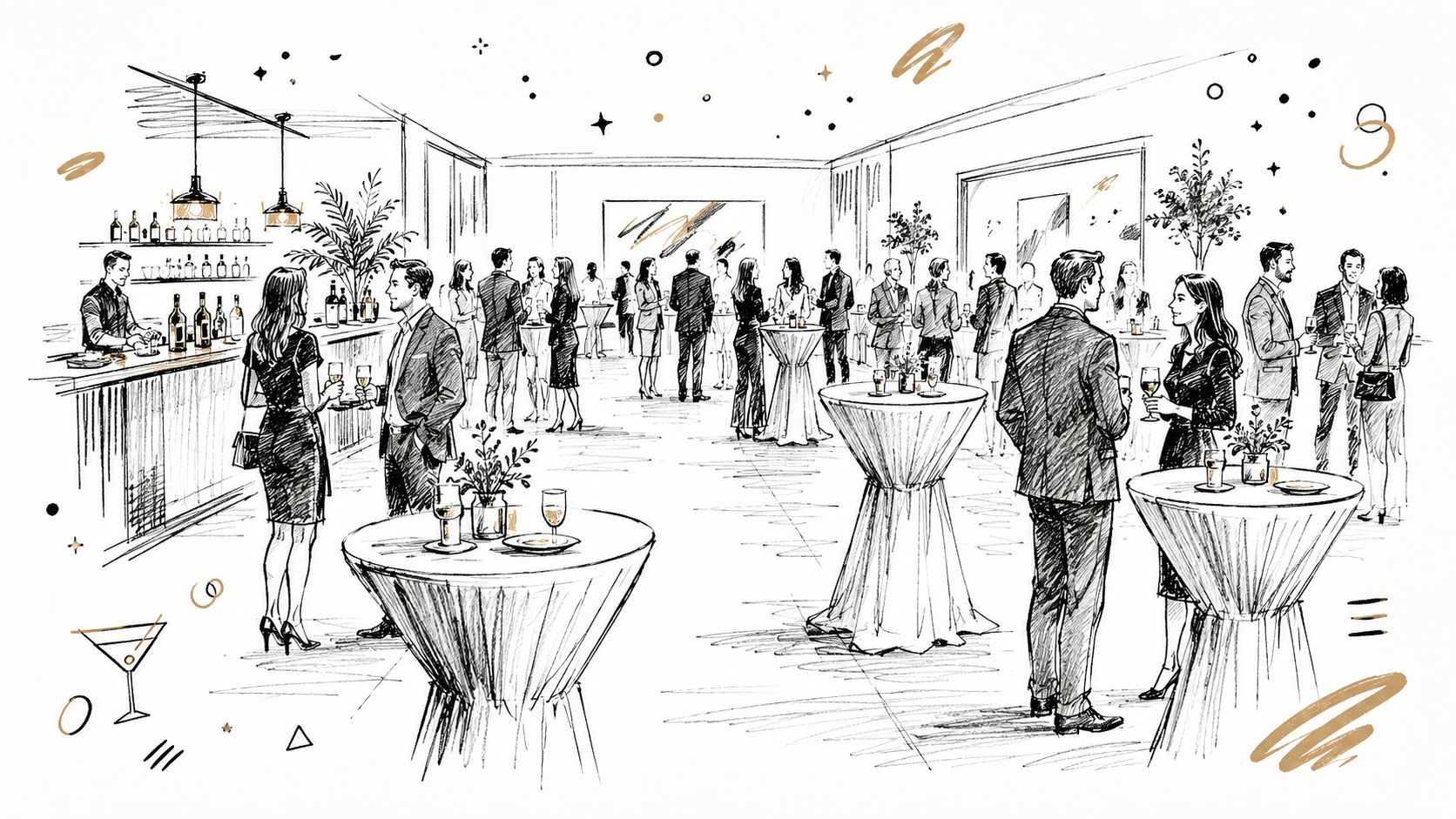 A black and white artistic sketch of people networking and socializing at an elegant indoor corporate cocktail event.