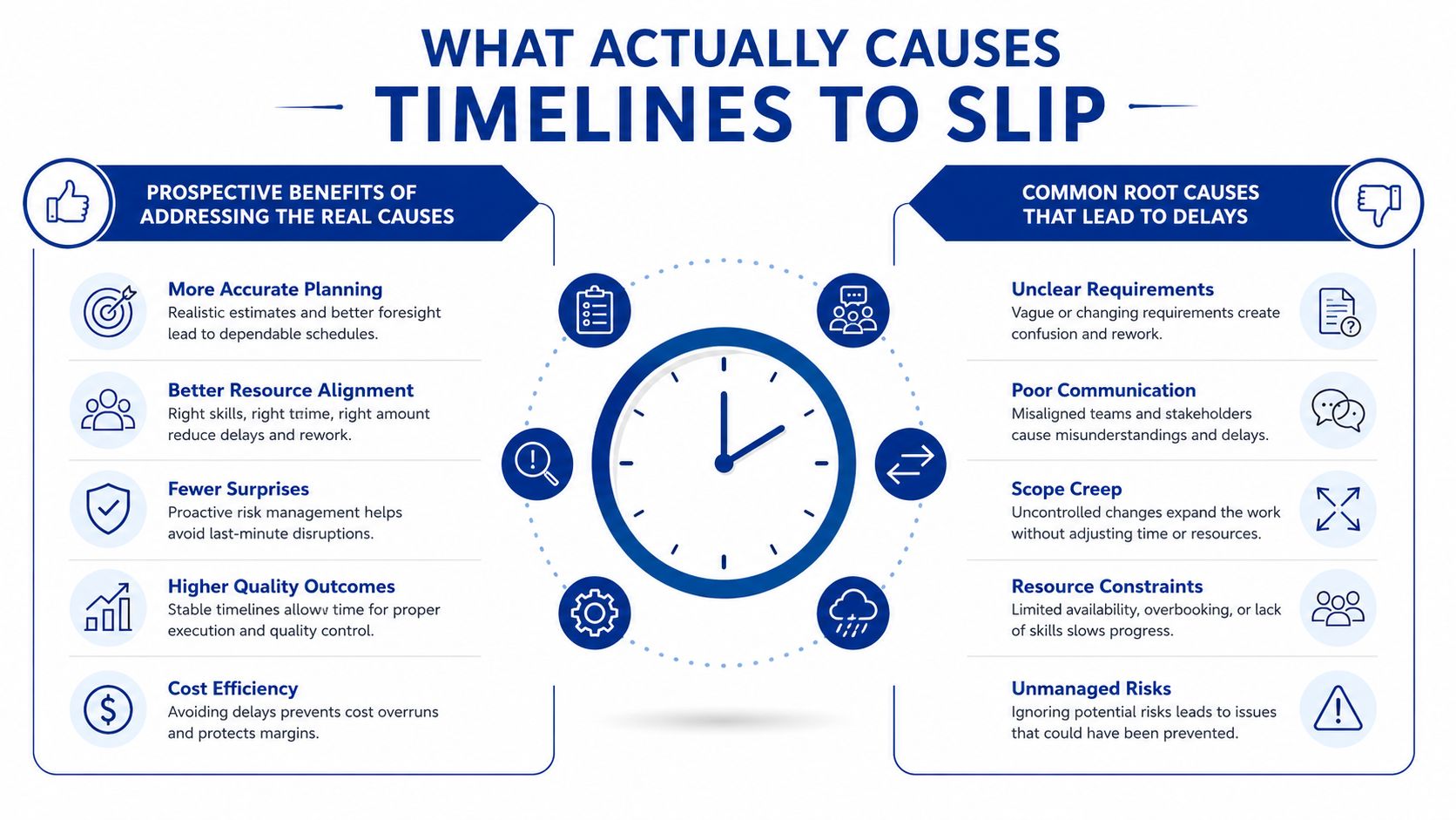 An infographic showing prospective benefits and root causes that lead to project timeline delays.