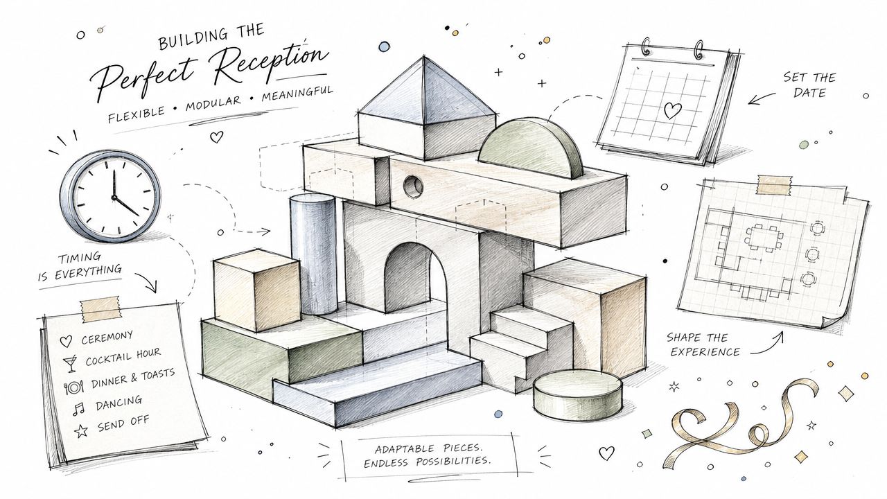 A hand-drawn sketch showing a modular wedding reception planning guide with icons, floor plans, and a timeline.
