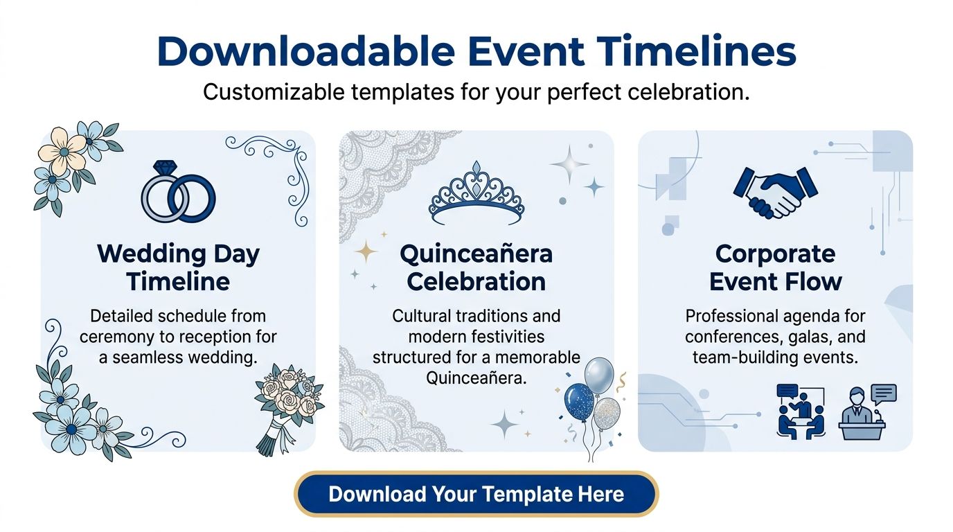 Three event planning template options for weddings, Quinceañeras, and corporate gatherings with a download call to action.