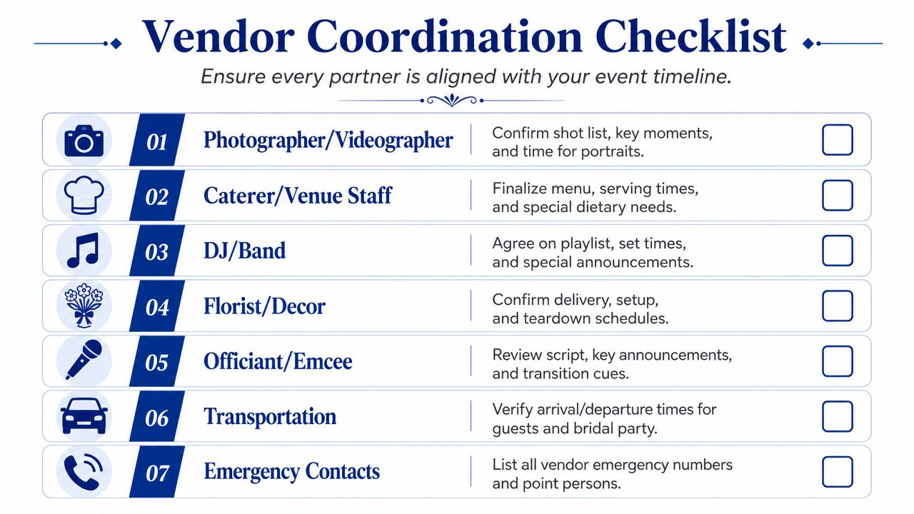 A vendor coordination checklist infographic for wedding planning, listing tasks to ensure alignment with event timelines.