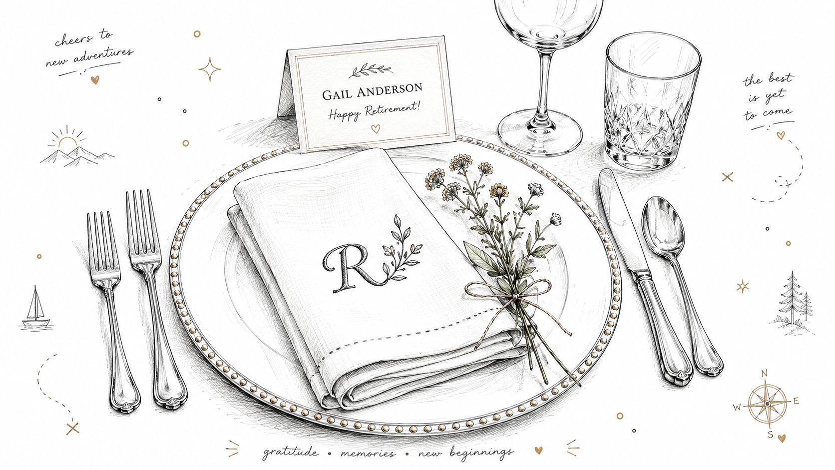 An elegant retirement party table setting with a place card for Gail Anderson and decorative illustrations.