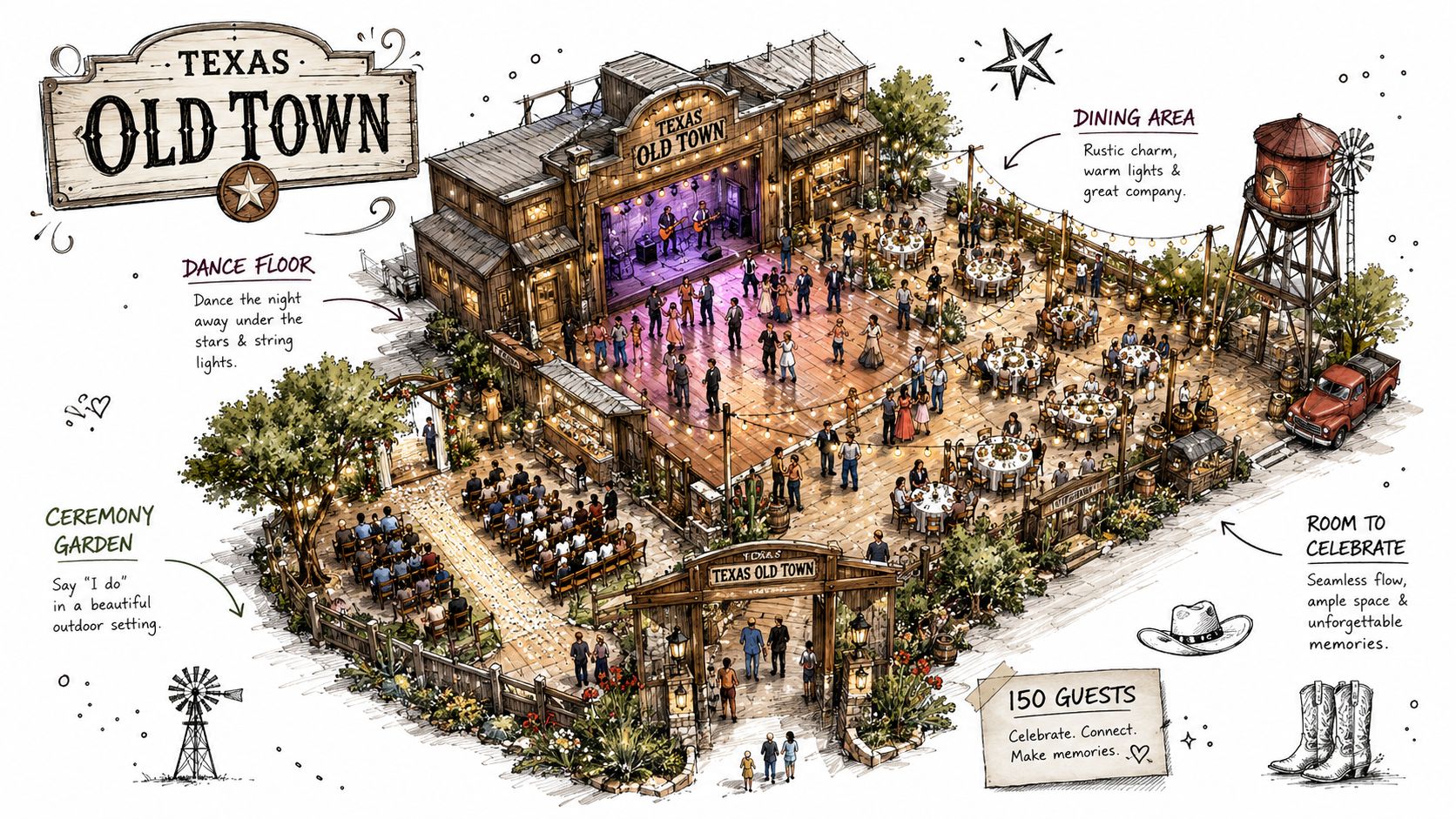 A detailed illustration of the Texas Old Town event venue layout, highlighting the ceremony garden and dance floor.