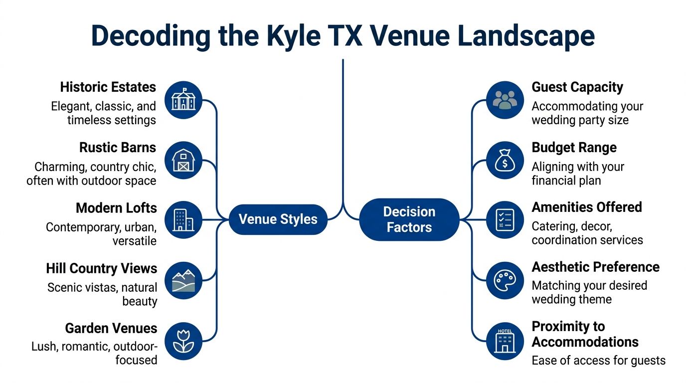 An infographic titled Decoding the Kyle TX Venue Landscape, detailing various wedding venue styles and important decision factors.
