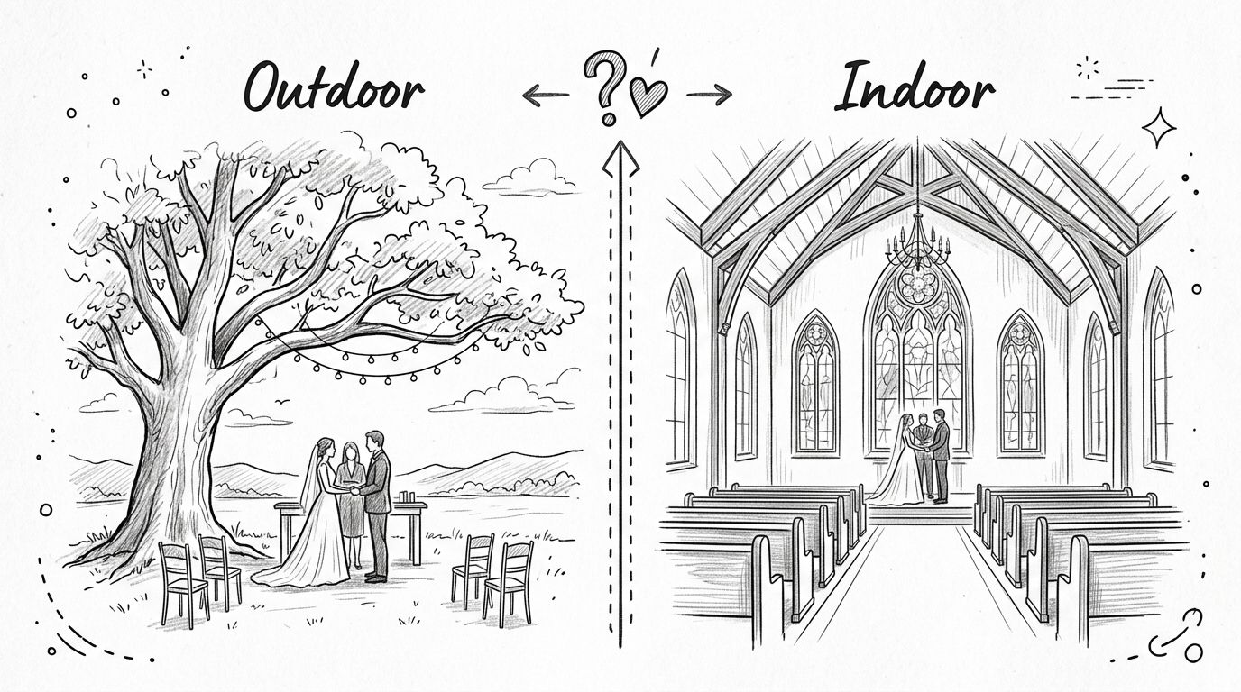A black and white line drawing comparing an outdoor tree wedding ceremony to an indoor church wedding.