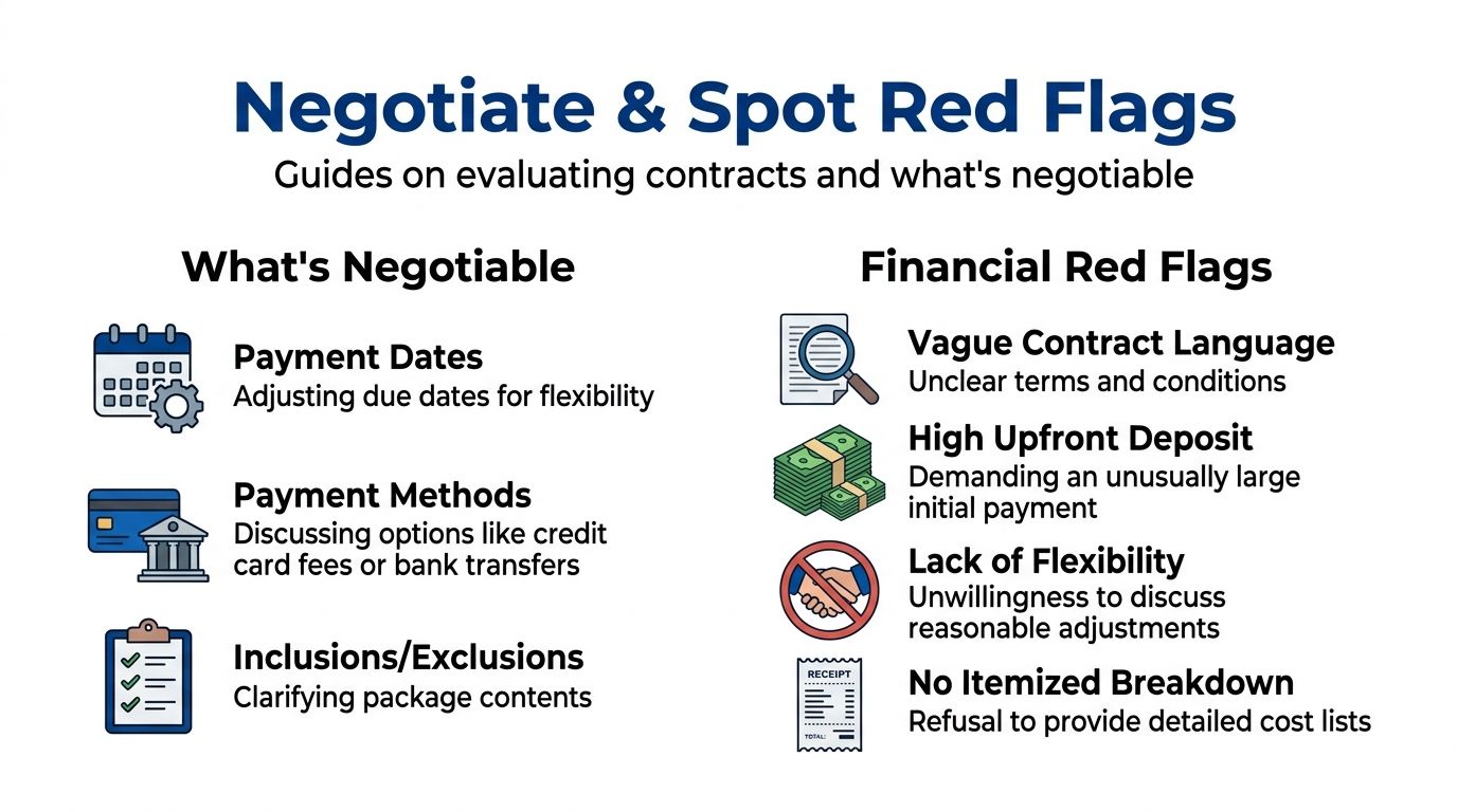 An infographic titled Negotiate and Spot Red Flags, listing negotiable payment terms and common financial contract red flags.