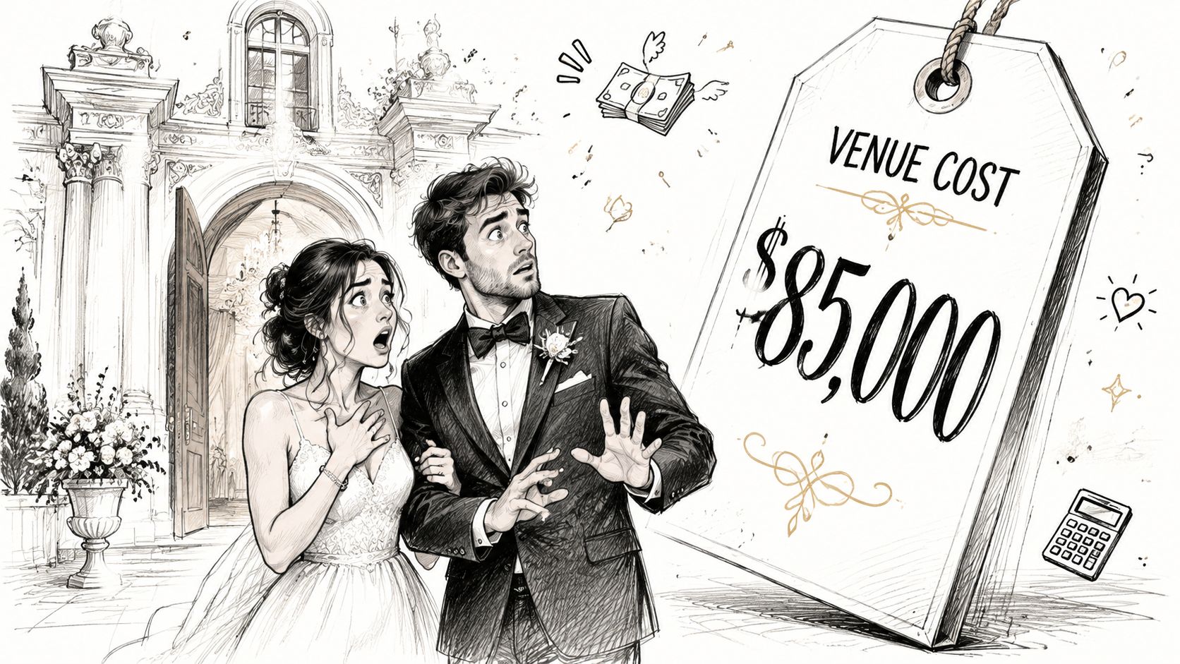 A shocked bride and groom looking at a large price tag for an expensive wedding venue cost.