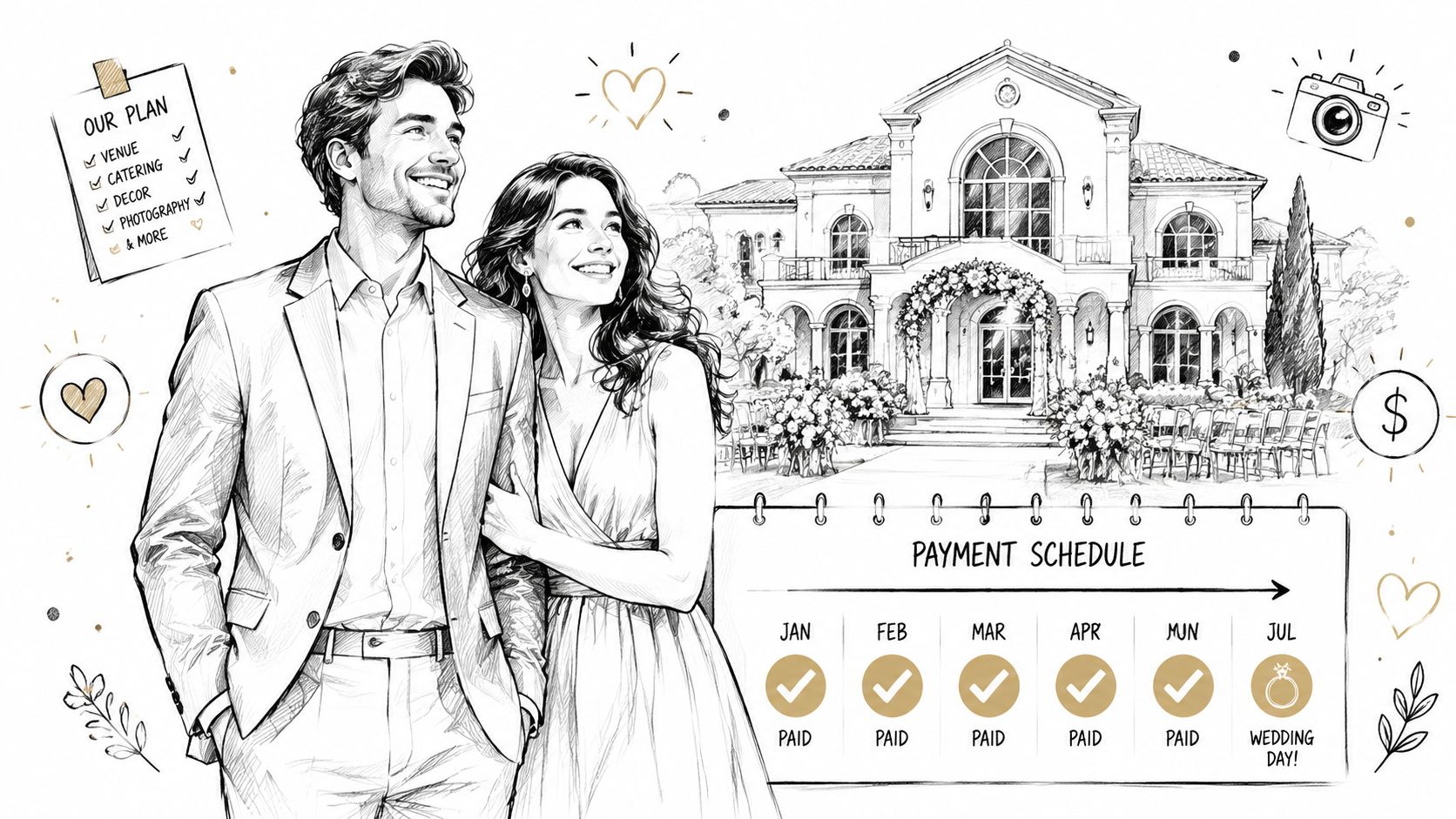 A happy couple standing in front of a wedding venue with a planning checklist and payment schedule.