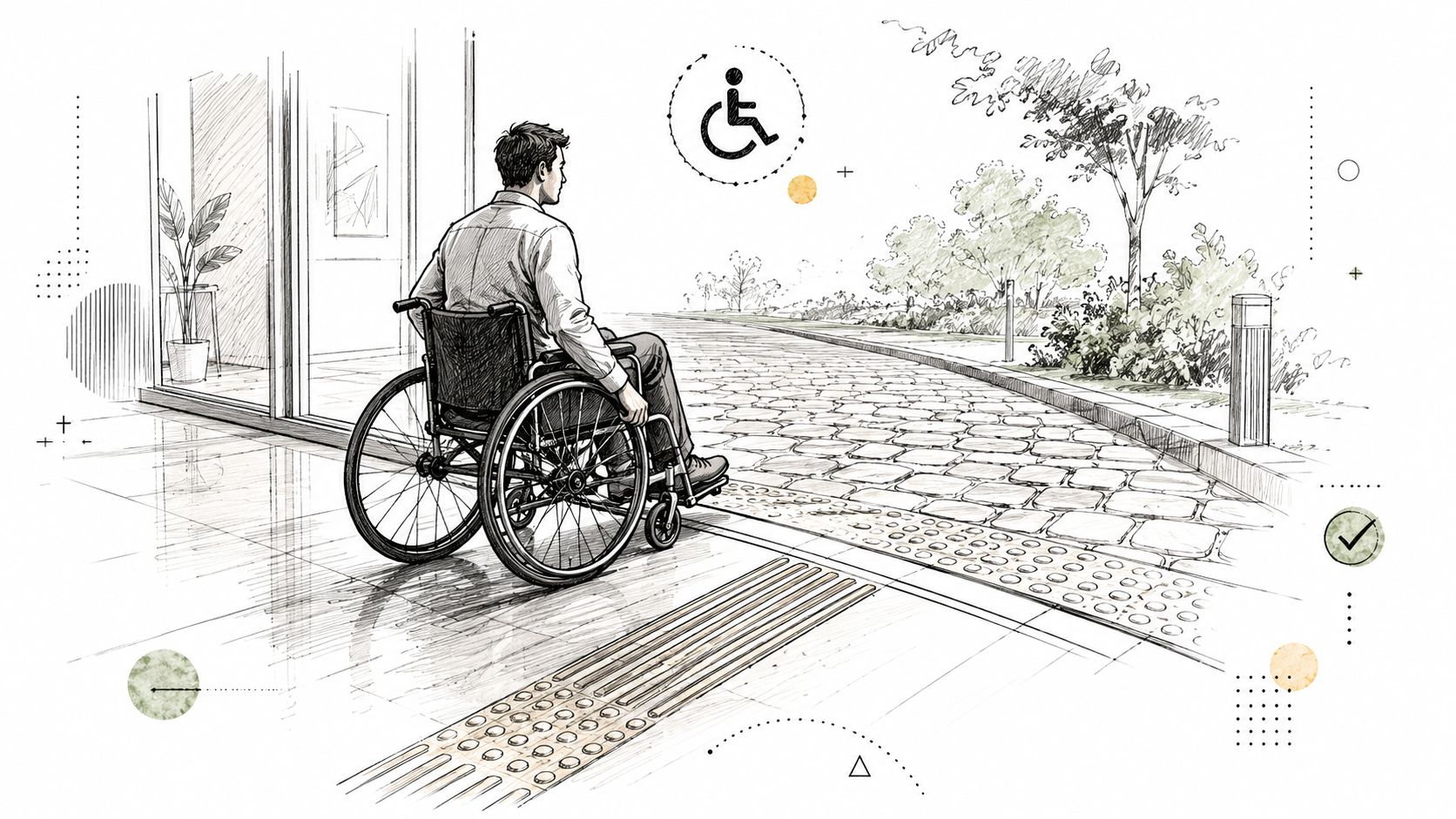 A person in a wheelchair navigating an outdoor pathway with tactile paving for improved accessibility.
