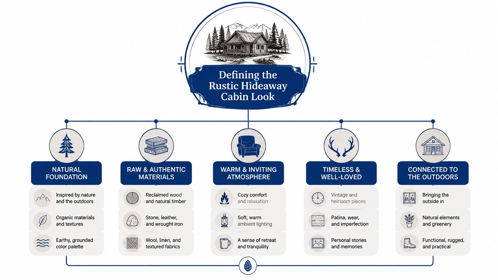 An infographic defining the key aesthetic elements of a rustic hideaway cabin interior design theme.