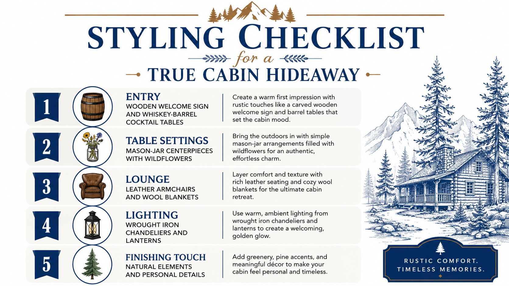 A styling checklist graphic for a cabin themed event featuring rustic decor tips numbered one through five.