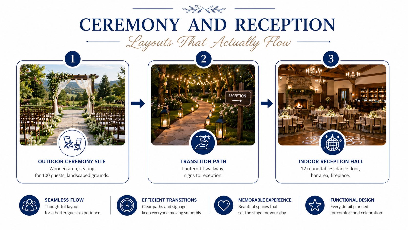 A visual guide for wedding ceremony and reception layouts, showing outdoor ceremony, transition path, and indoor hall.