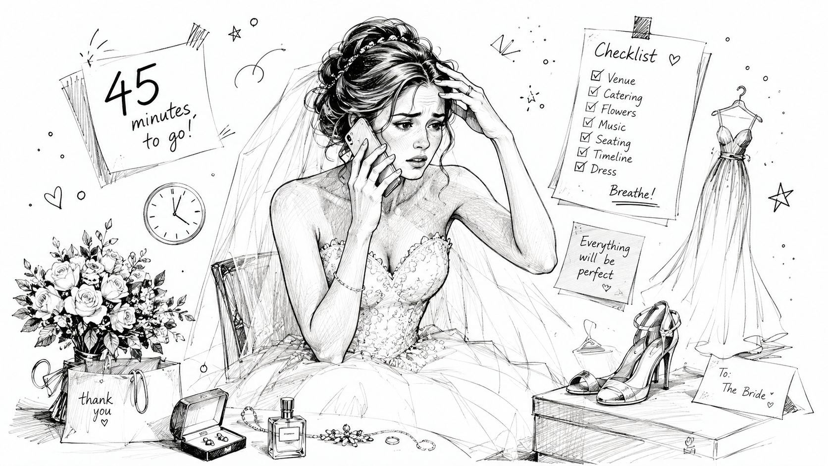 A distressed bride in her wedding dress talking on a phone, surrounded by wedding preparations and checklists.
