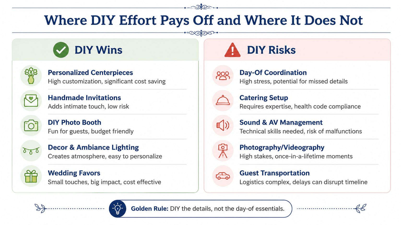 An infographic titled Where DIY Effort Pays Off and Where It Does Not detailing wedding tasks.