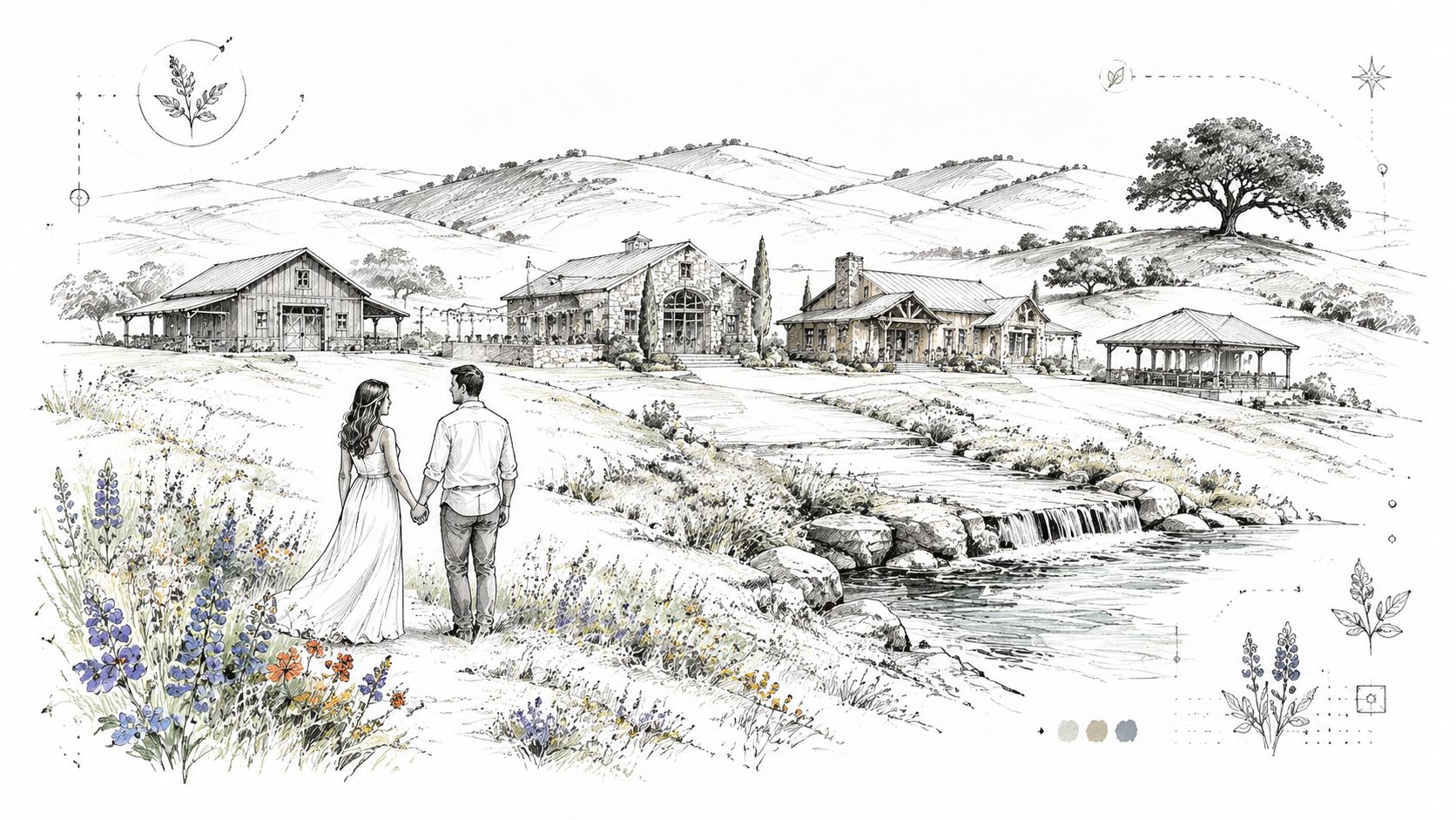 A romantic couple walking through a scenic countryside meadow toward a beautiful rustic wedding venue venue.
