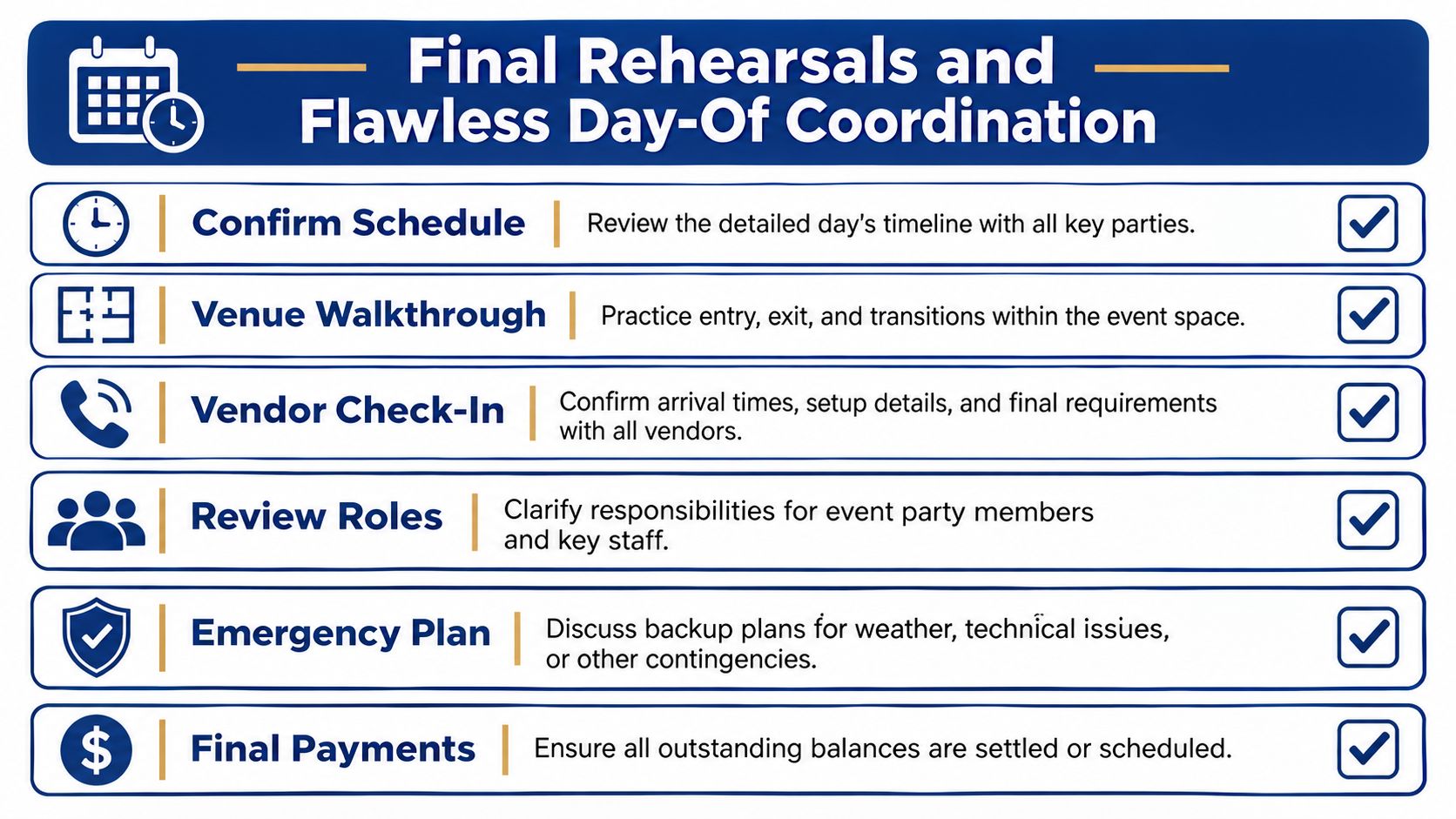 A checklist for final event rehearsals and day-of coordination, highlighting essential planning steps and professional management tasks.