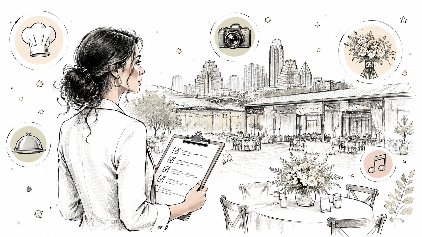 A professional female event planner standing in front of an outdoor wedding venue in Austin, Texas.