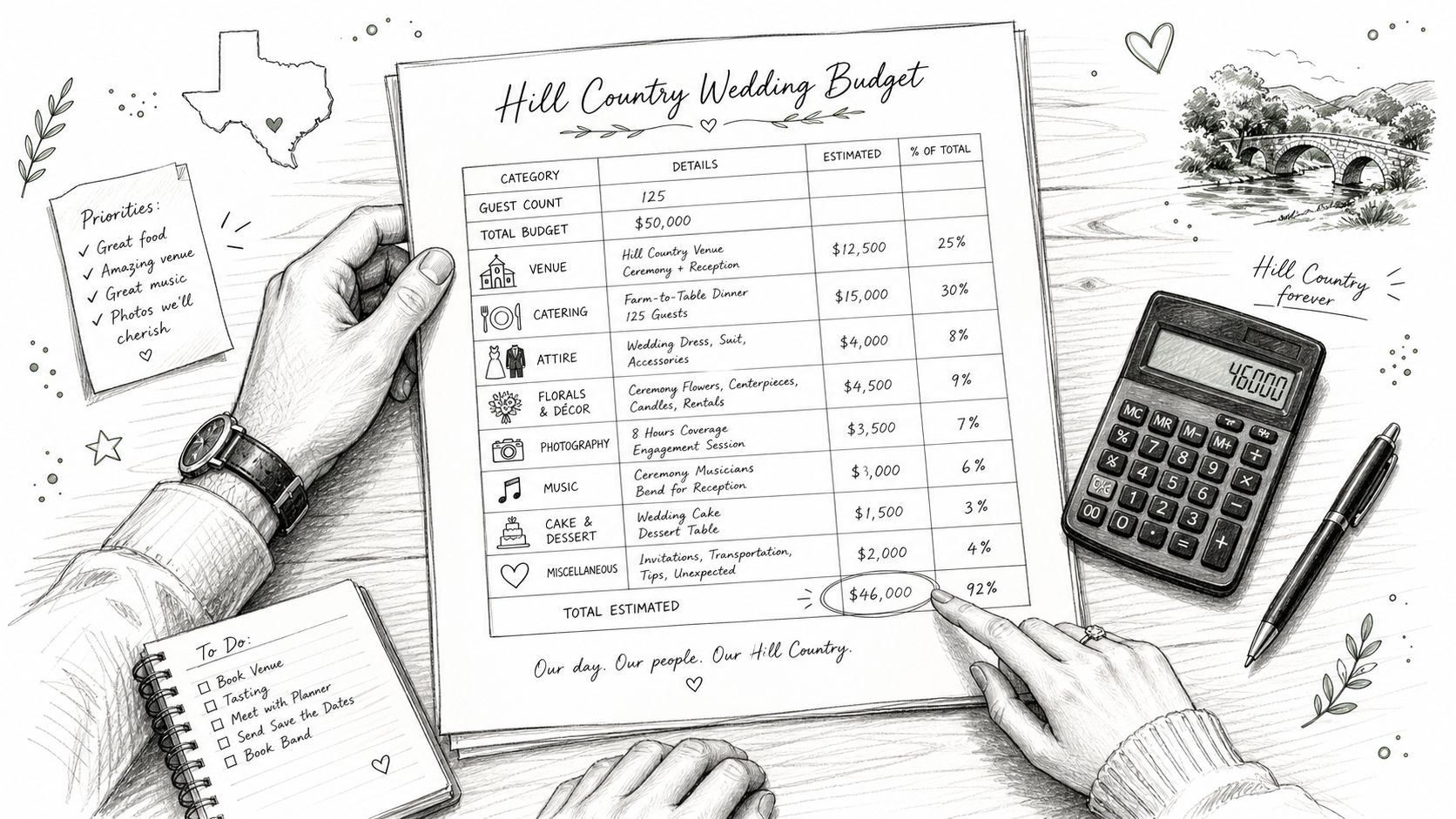 A couple reviews a detailed wedding budget on paper, calculating costs for venue, catering, and other essentials.