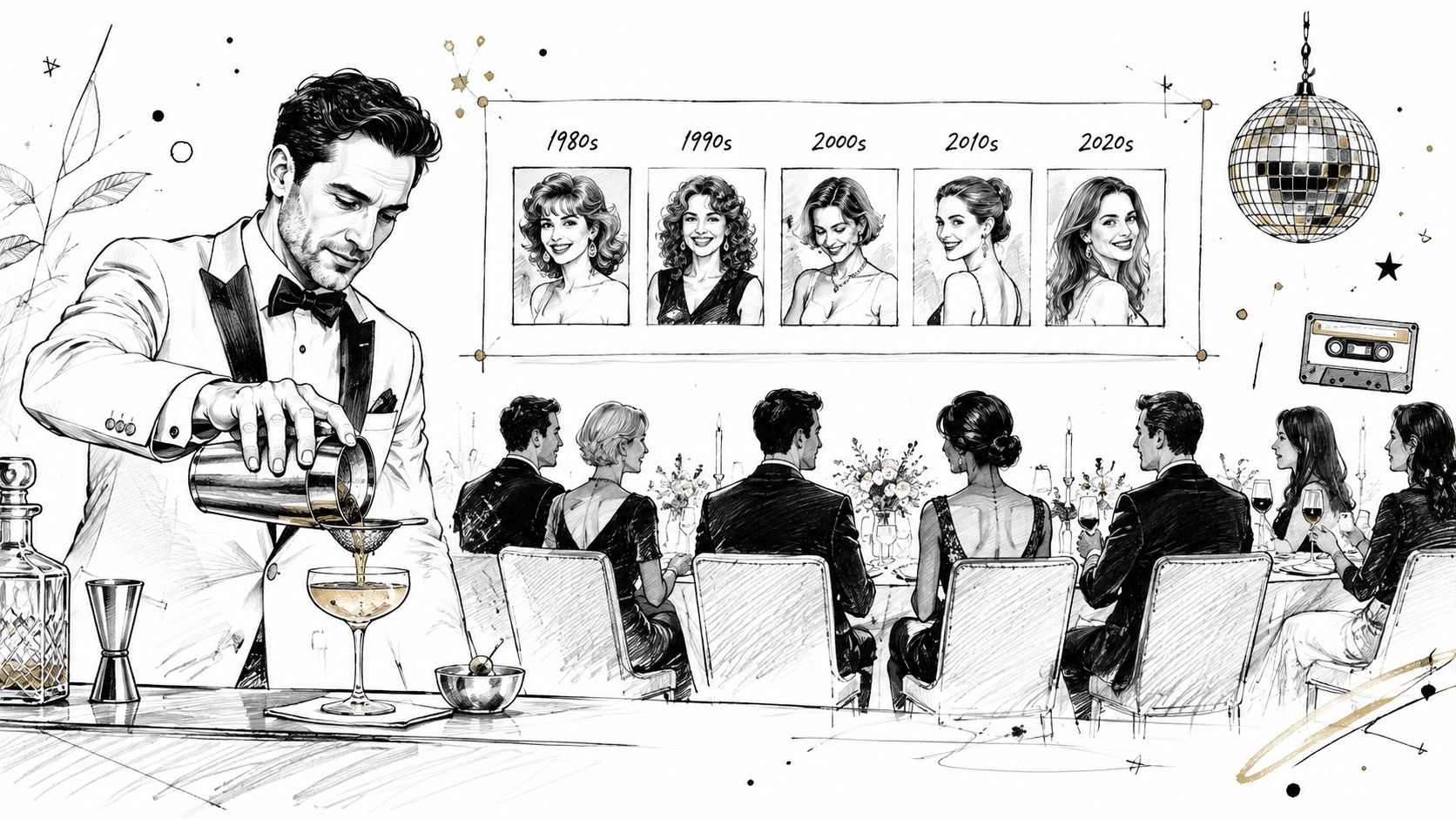 A sophisticated bartender pouring a cocktail at an elegant party with a wall featuring historical decade portraits.