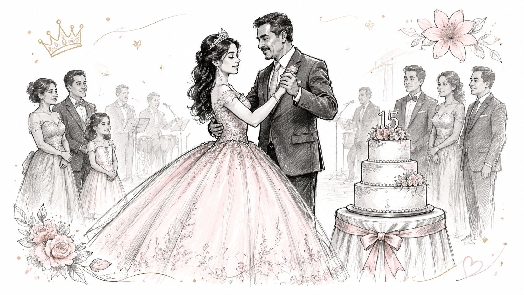 A beautiful pencil sketch illustration of a girl in a quinceañera ball gown dancing with her father.
