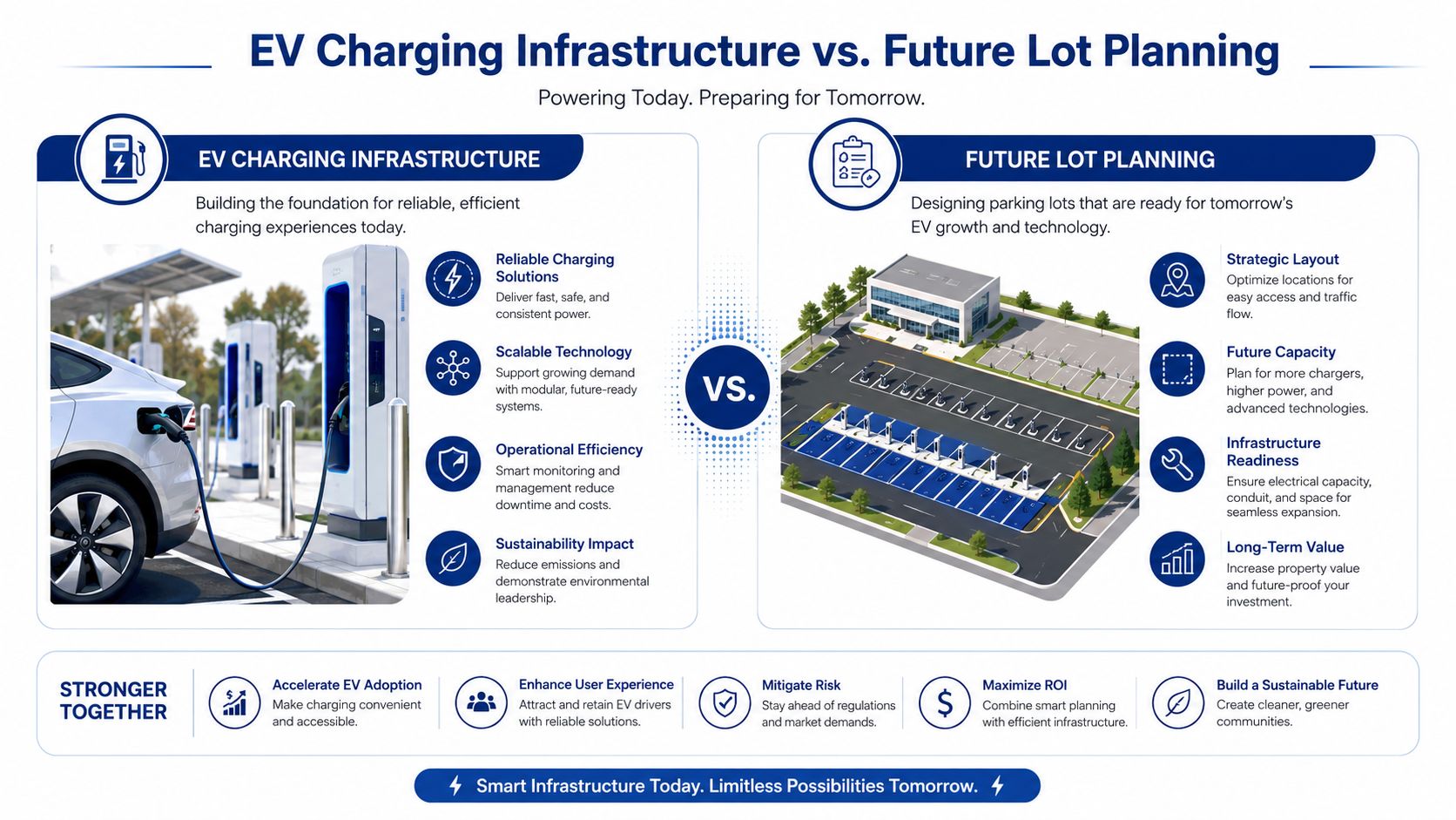 An infographic comparing EV charging infrastructure and future parking lot planning for sustainable, scalable electric vehicle solutions.