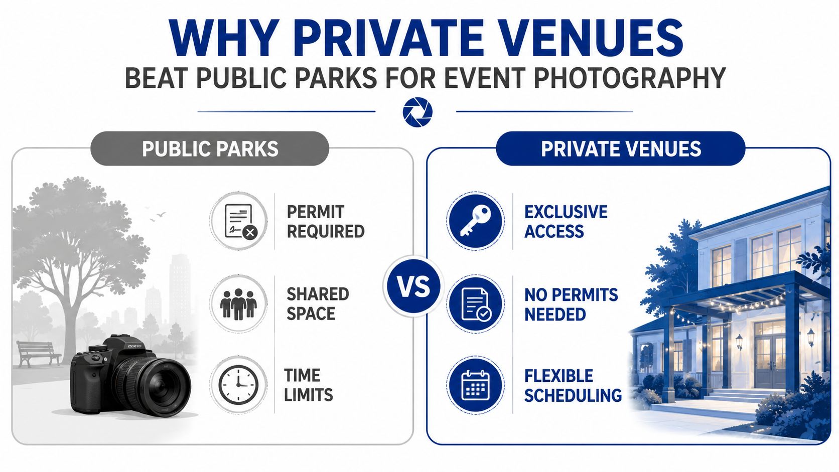 An infographic comparing the benefits of choosing private venues over public parks for event photography sessions.