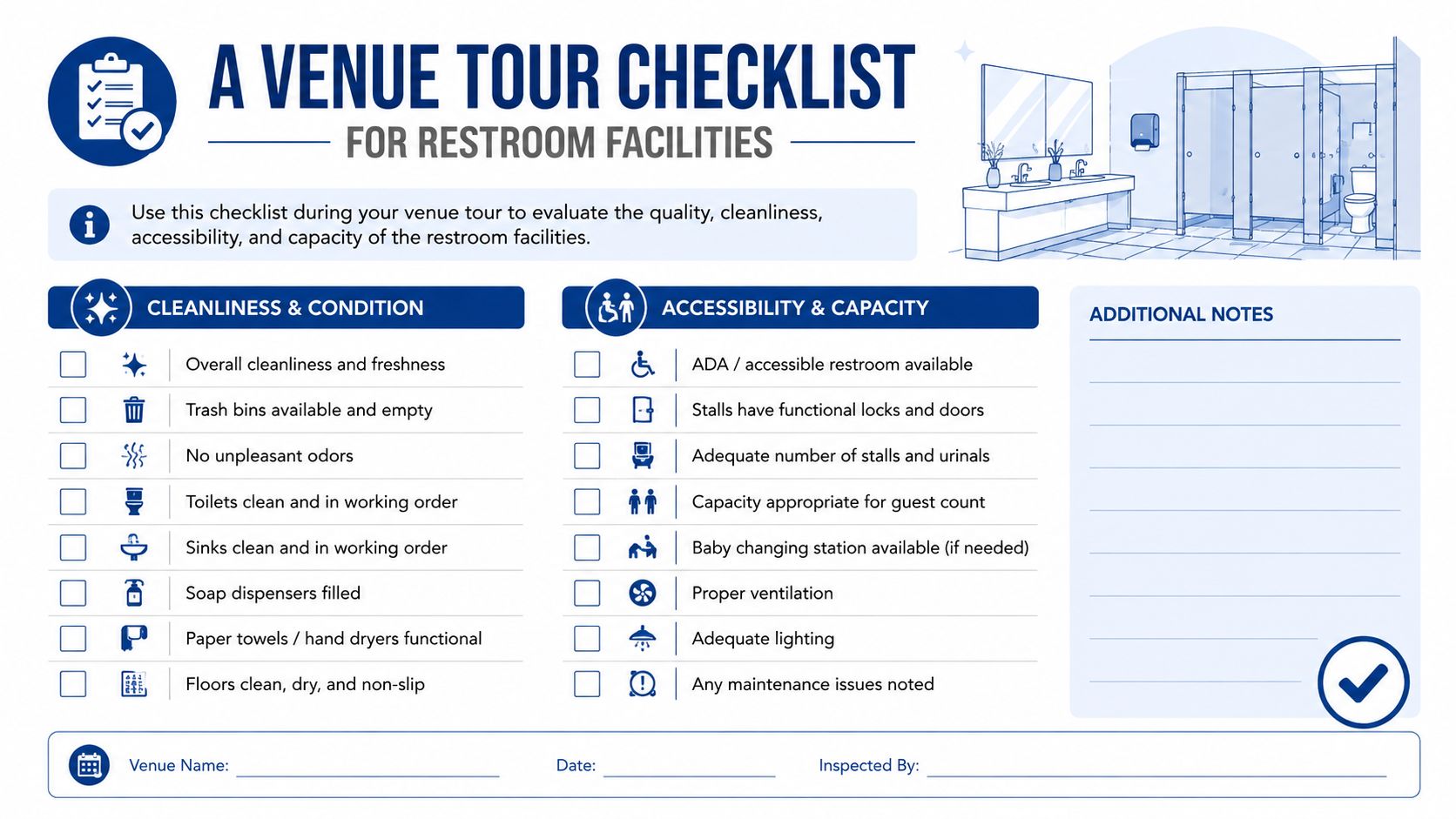 A printable venue tour checklist designed to evaluate the cleanliness and accessibility of public restroom facilities.