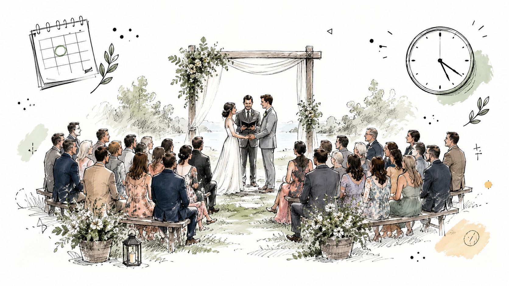 A hand-drawn sketch depicting an intimate outdoor wedding ceremony with a bride and groom standing at an altar.