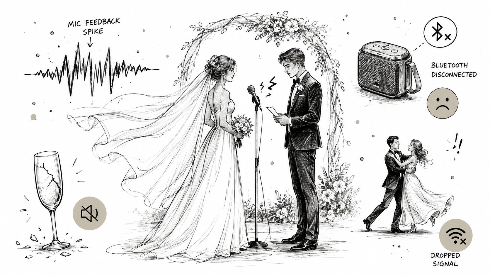 A black and white sketch illustration depicting common technical failures during a wedding ceremony event