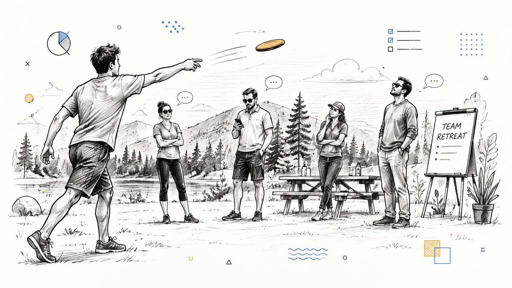 A group of colleagues enjoying outdoor team building activities at a scenic lakeside team retreat.