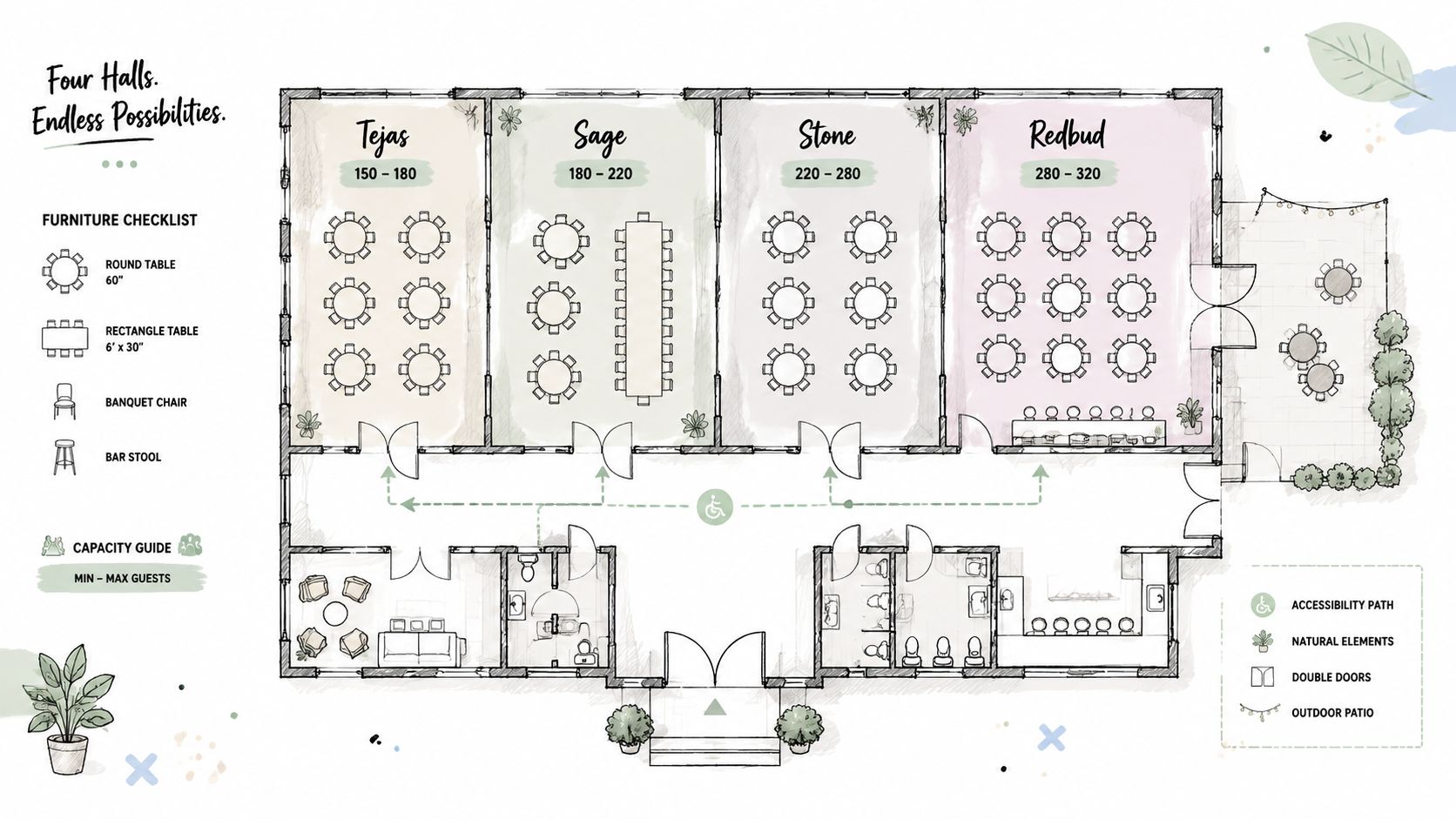 A detailed floor plan for an event space titled Four Halls featuring four distinct venue rooms.