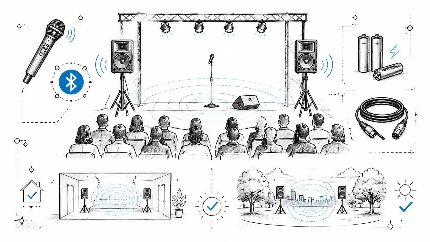A detailed technical sketch showing a stage setup with microphones, speakers, and cables for live event sound.