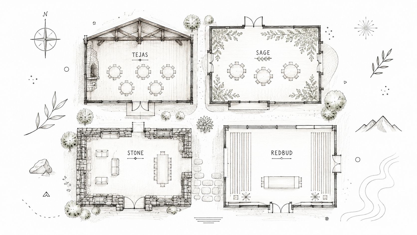 A sketched architectural floor plan showing four event spaces named Tejas, Sage, Stone, and Redbud.