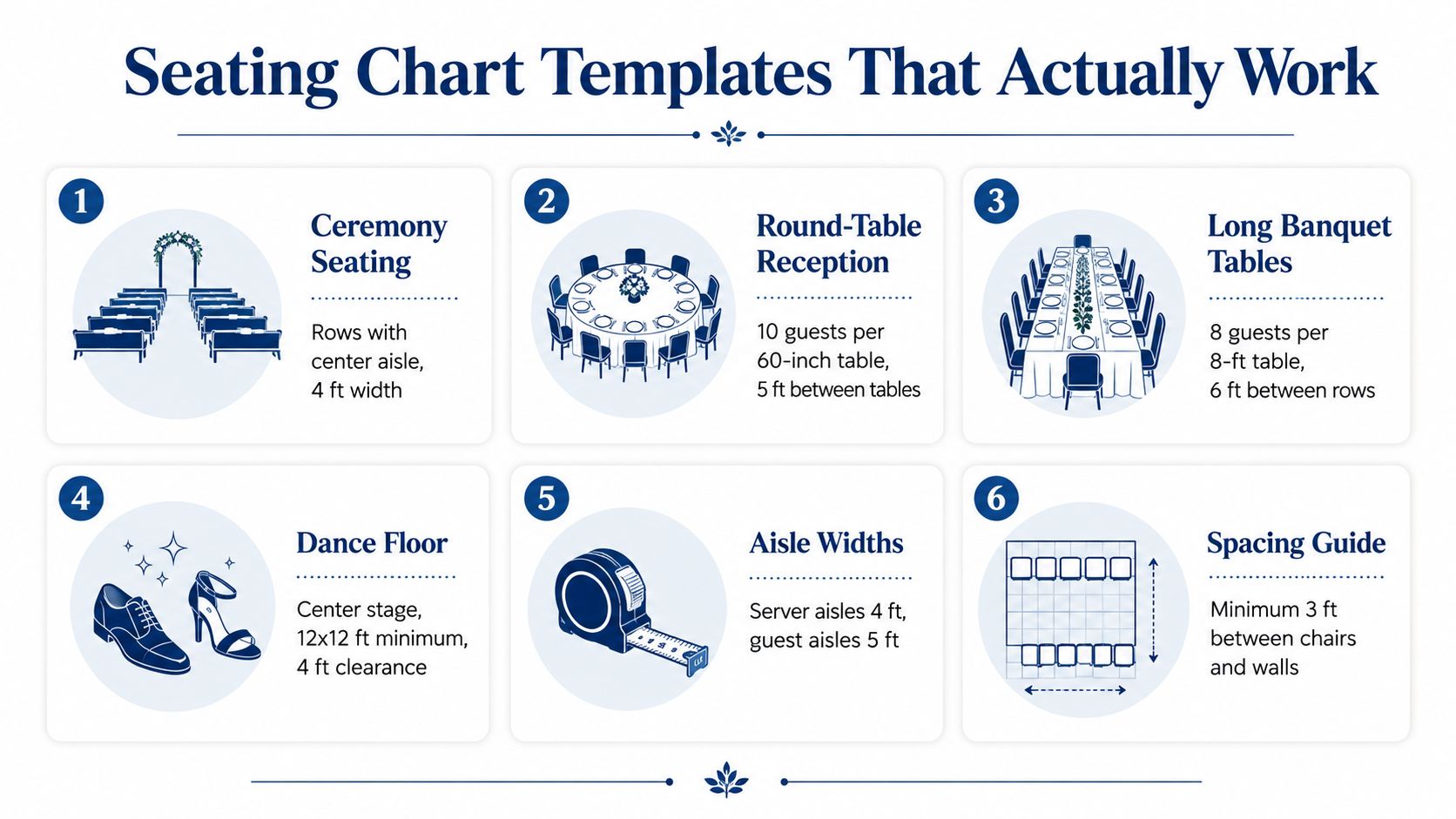 An infographic illustrating six seating chart templates and layout guidelines for organizing a professional wedding venue arrangement.