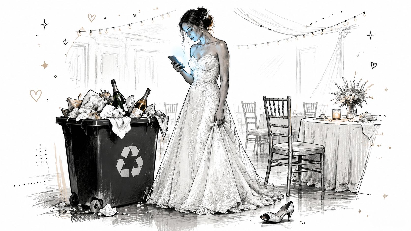 A lonely bride in a white gown stands by a recycling bin holding a glowing smartphone.