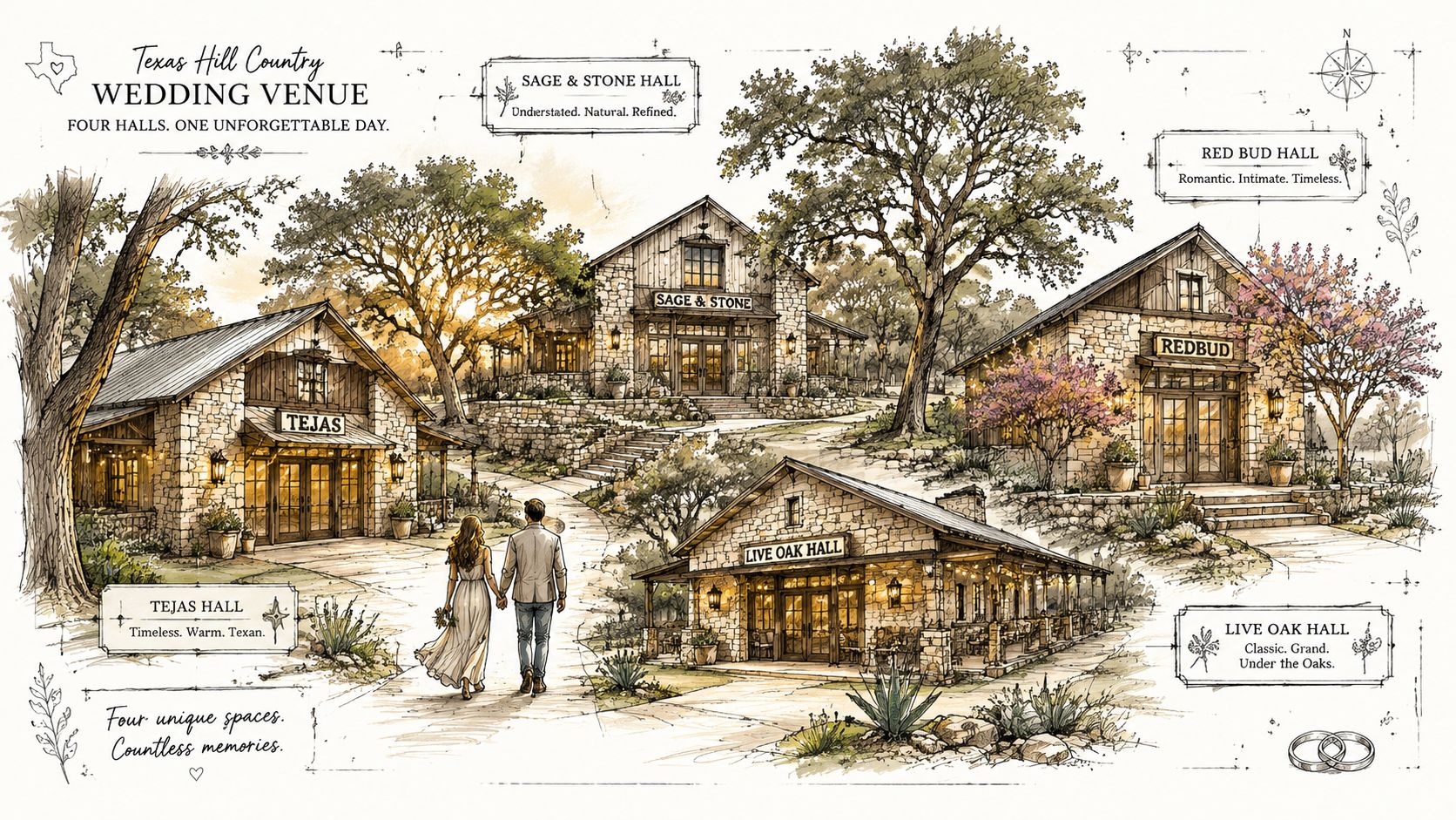 A watercolor illustration of a Texas Hill Country wedding venue featuring four distinct stone halls nestled in nature.