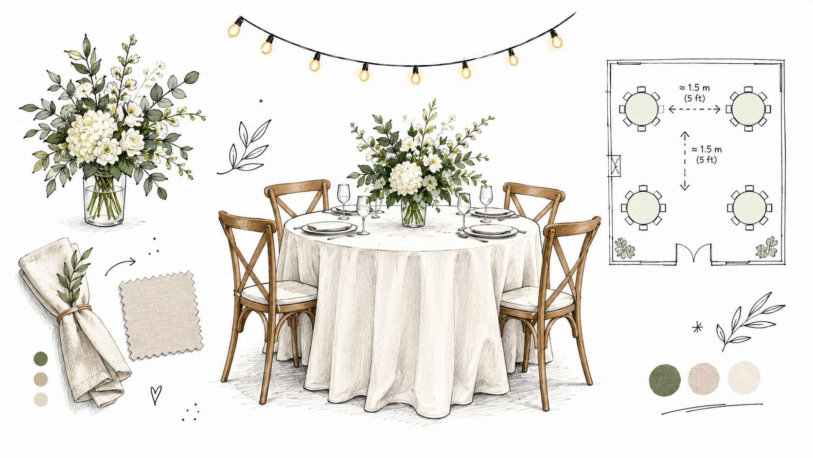 A wedding or birthday party planning sketch showing a decorated round table, floral arrangement, and venue layout.