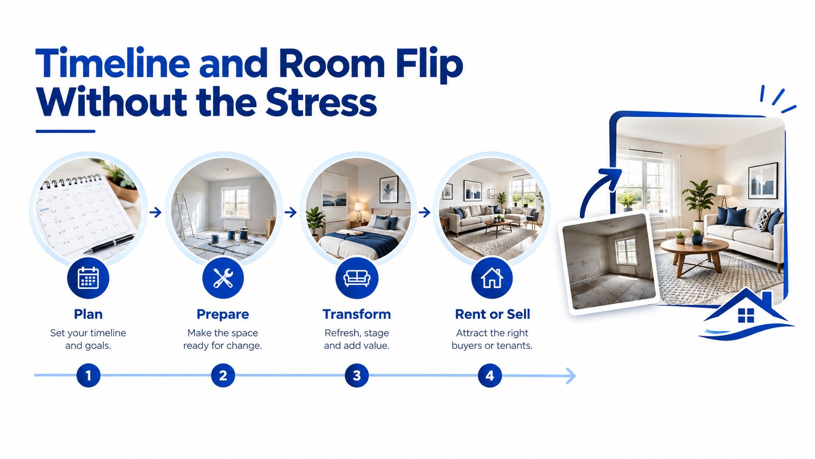 A four-step infographic illustrating a stress-free room flipping process from initial planning to renting or selling properties.