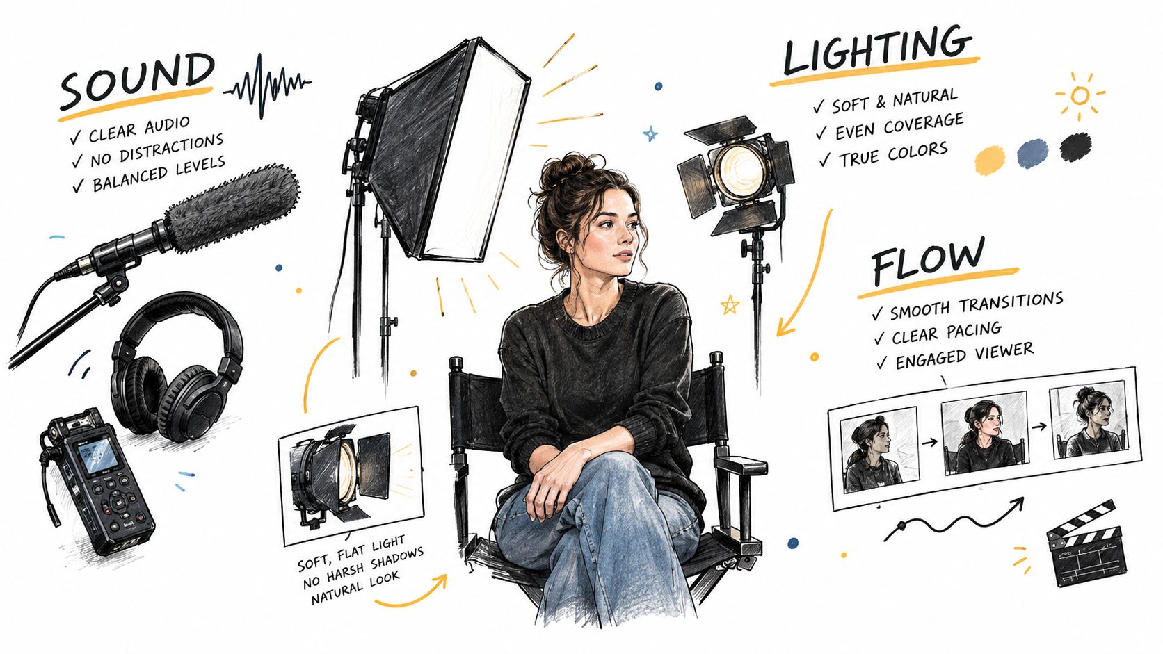 A hand-drawn infographic showing studio lighting, sound equipment, and production flow for a professional video interview.