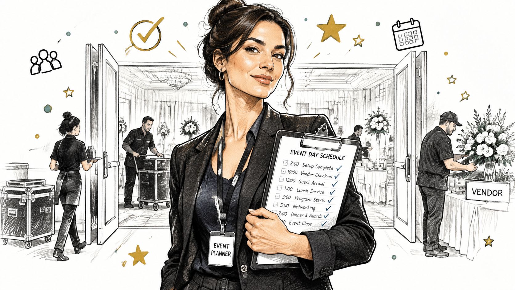 A professional event planner holding a clipboard with an event day schedule amidst a busy venue setup.